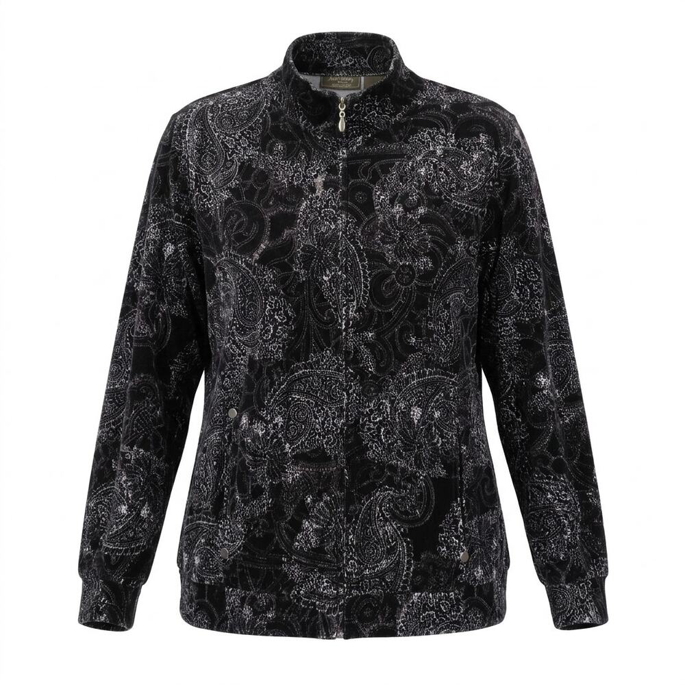 Jane Ashley Black Paisley Mock Neck Full Zip Jacket Women Plus Size 1X